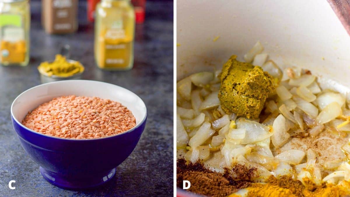 On the left - red lentils in a blue bowl with curry paste and spices behind it. Saut&eacute;ed onions, curry paste and spices in the pan on the right