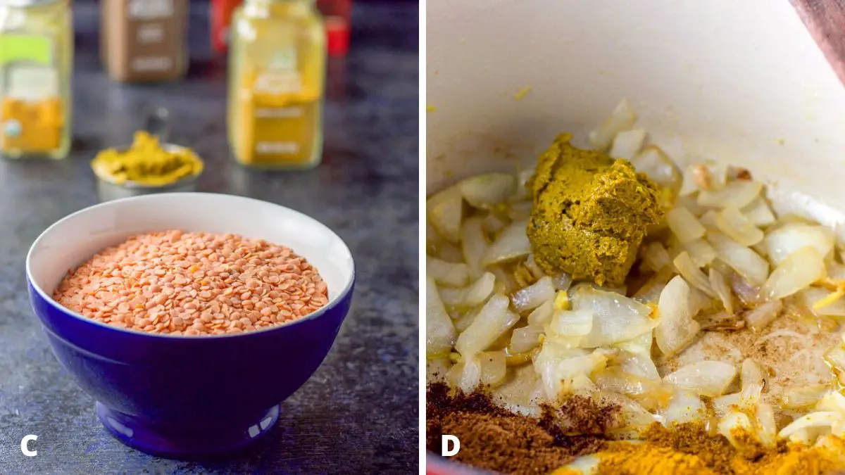 On the left - red lentils in a blue bowl with curry paste and spices behind it. Sautéed onions, curry paste and spices in the pan on the right