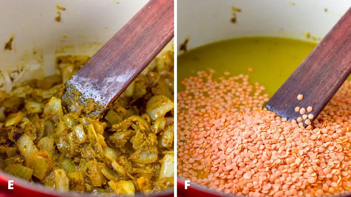 On the left - spices and curry paste stirred in the pan with the onions. And on the right, lentils and broth added to the mixture