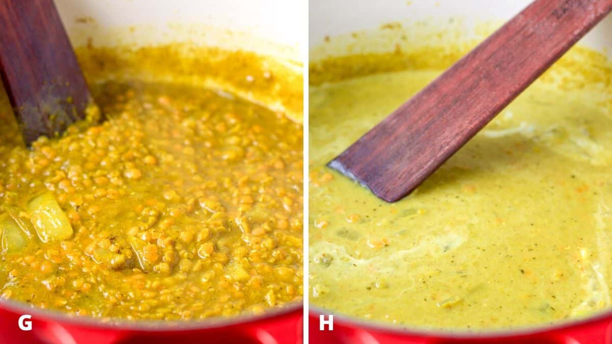 The lentil curry cooked in the pan and then coconut milk added