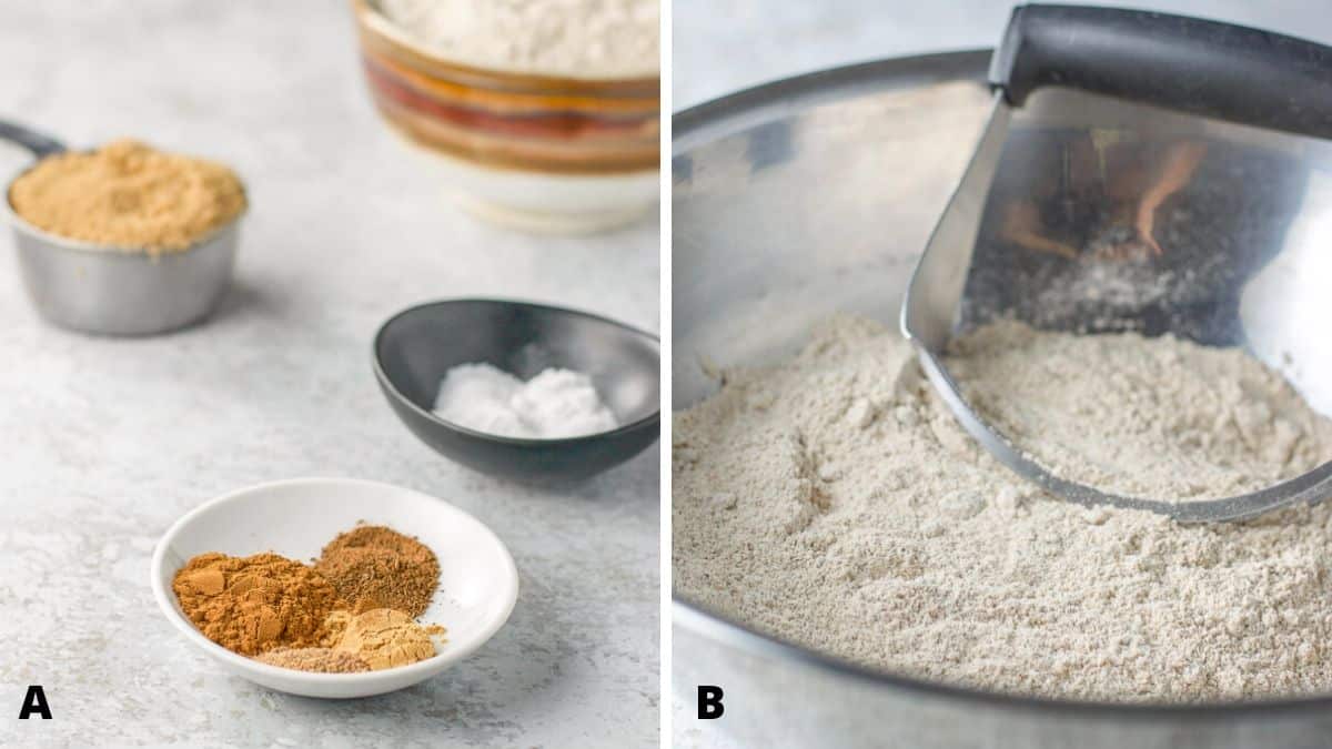 Spices, baking powder, baking soda, sugar and flour on a table and then mixed together in a metal bowl