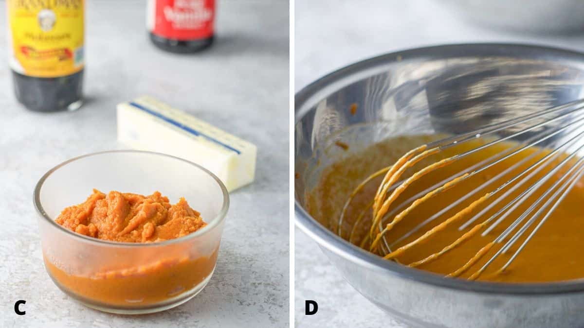Pumpkin puree, butter, molasses and vanilla on a table and then in a bowl mixed with a whisk