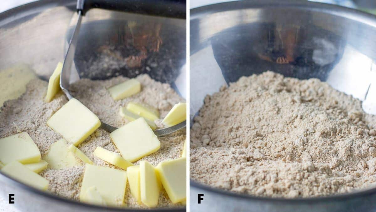 Butter cut into the flour mixture and then cut with the pastry cutter