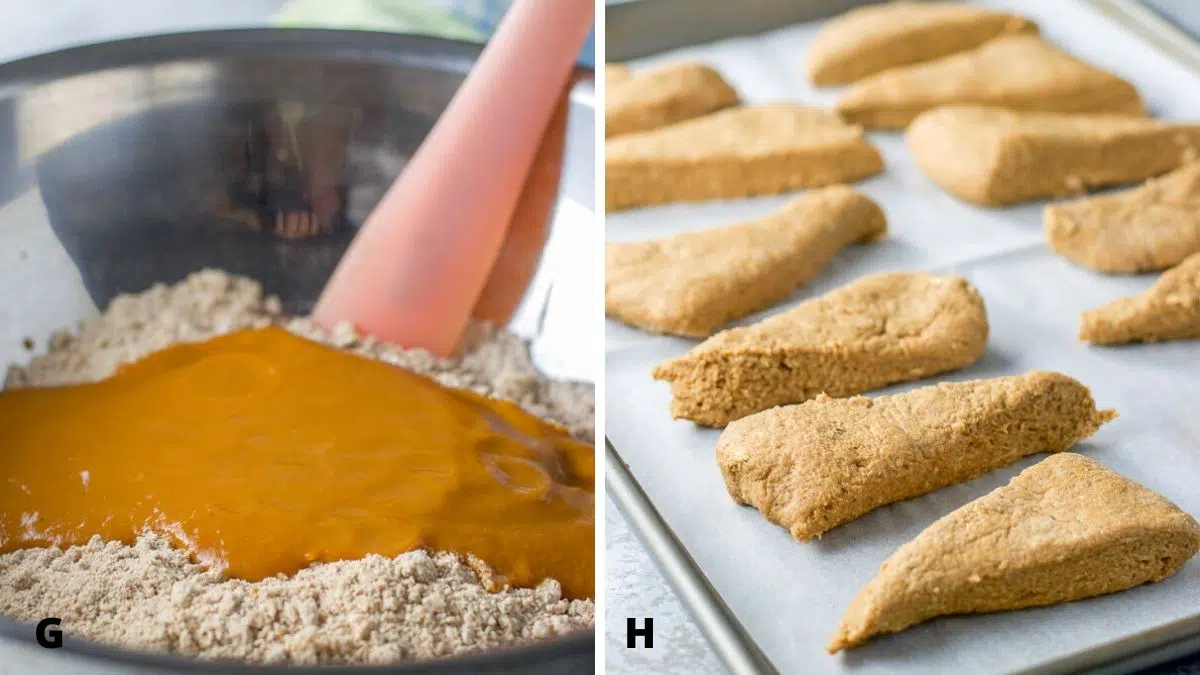 The pumpkin mix in the flour mixture and then the scone dough cut into triangles and on a parchment paper covered pan