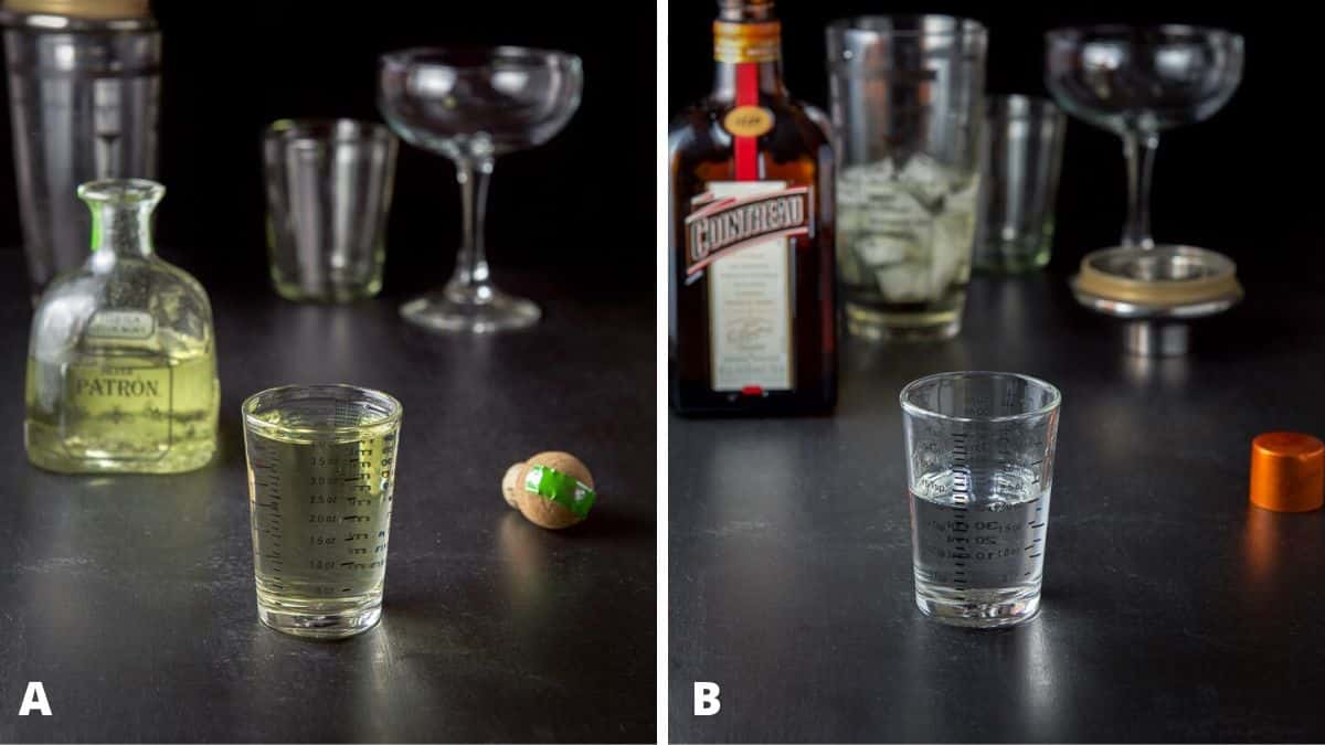 Jalape&ntilde;o tequila measured out with the bottle, glasses and shaker behind it on the left and the orange liqueur poured out with the bottle on the right