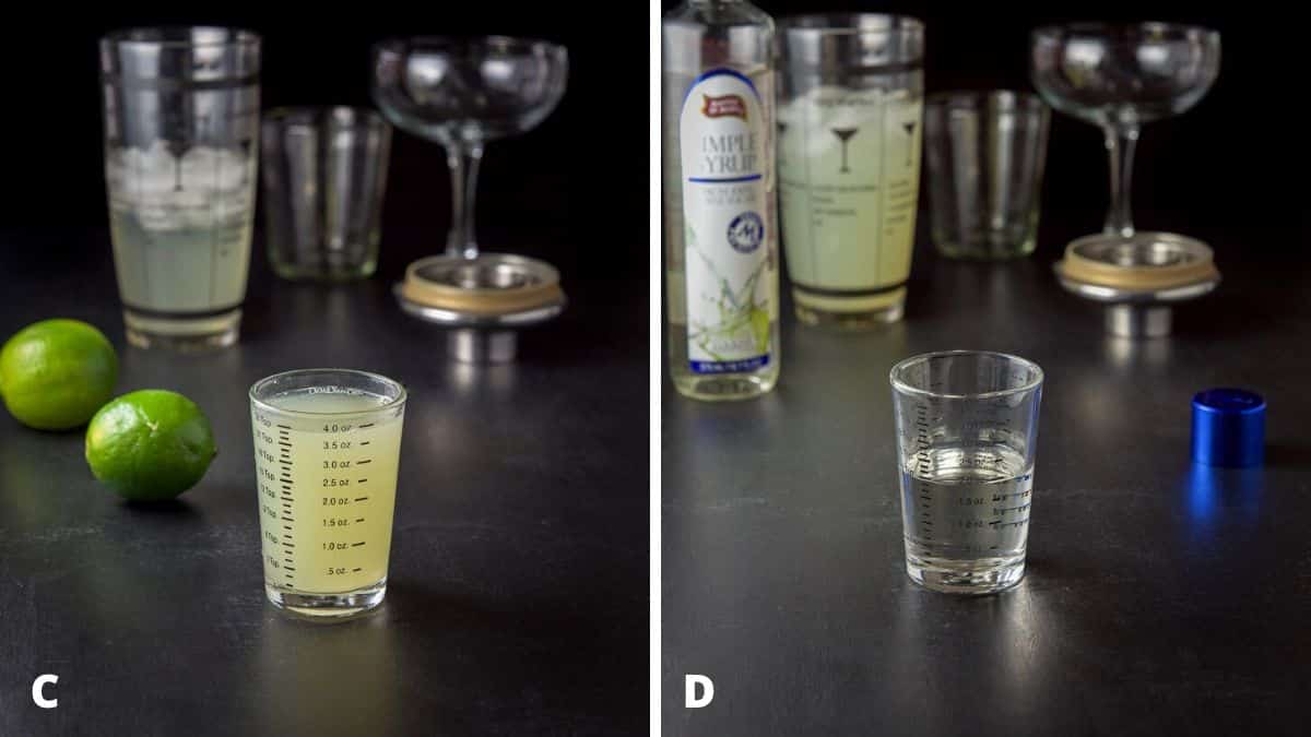Lime juice measured out and limes in the background on the left and simple syrup measured out with the bottle on the right