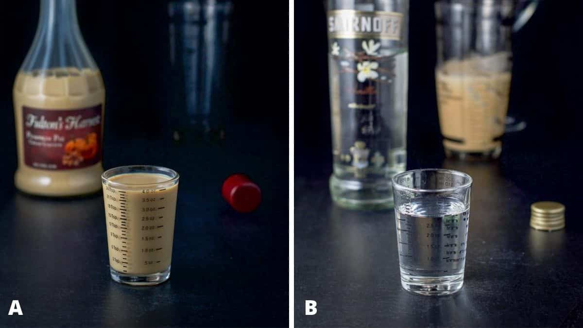 Pumpkin spice liqueur and vanilla vodka poured out with the bottle and cocktail shaker in the background