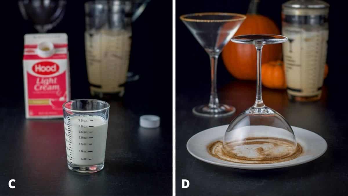 Light cream poured out and the one glass upside down in the cinnamon sugar mixture