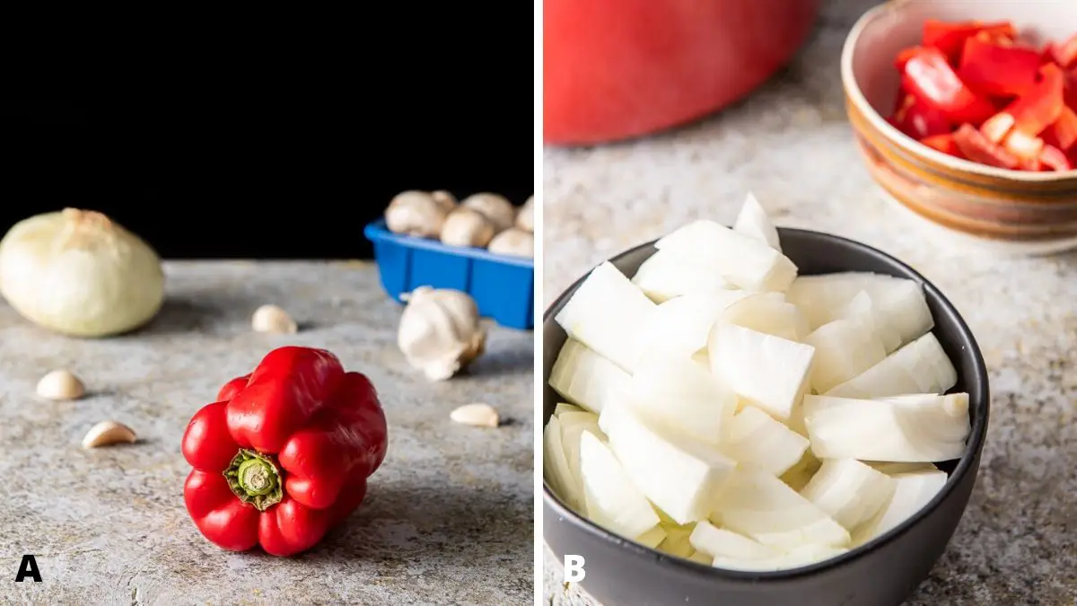 Left photo - red bell pepper, onion, garlic and mushrooms. Right photo, chopped onions in a black bowl and the red bell pepper in a brown bowl
