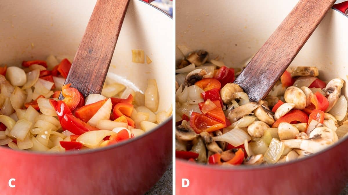 Onions and red bell pepper in the pan, and then added mushrooms