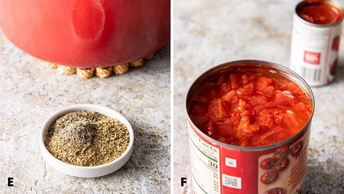 Herbs on a small white dish and open cans of tomatoes