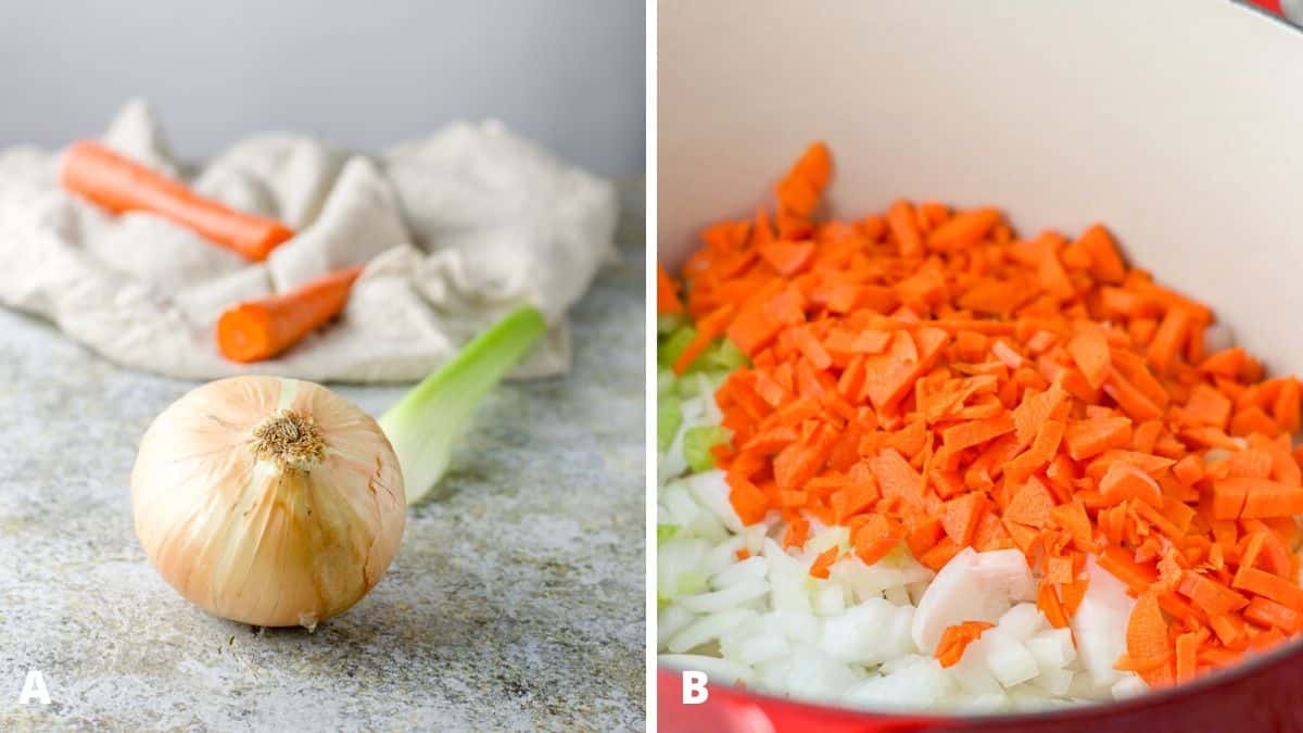 Onion, celery and carrots on the left and a pan with the veggies cut up