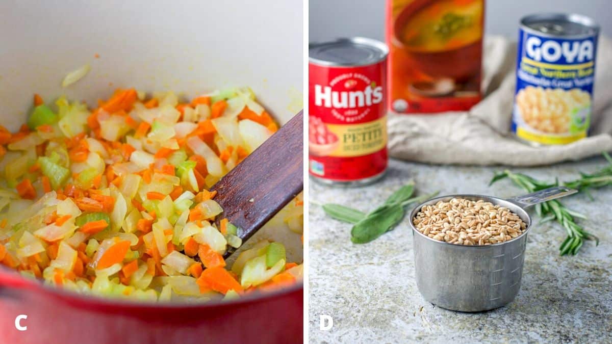 On the left carrots, onion and celery saut&eacute;ed in a pan and on the left, farro, sage, rosemary, diced tomatoes, northern beans and broth