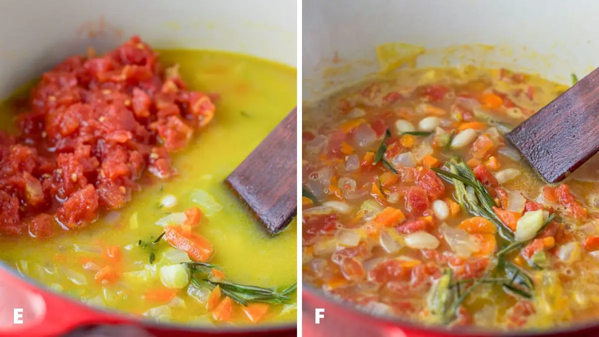 On left - broth, herbs and diced tomatoes added to the pan and on the right - all the ingredients cooked