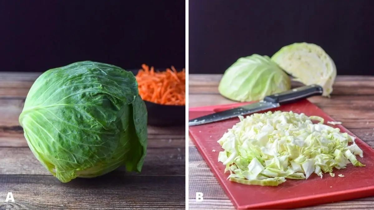 A head of cabbage and shredded carrots on a wooden table on the left. On the right - a red cutting board with sliced cabbage and a knife on it. There is also cut cabbage in the background