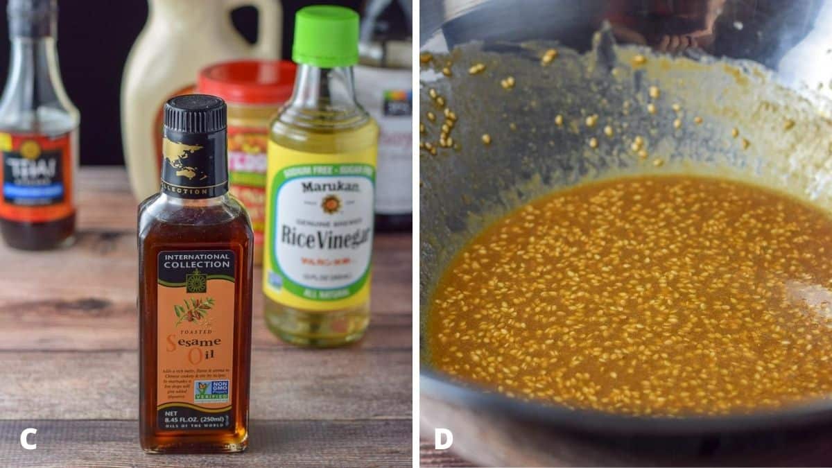 On the left - sesame oil, rice vinegar, fish sauce, soy sauce maple syrup and peanut butter. On the right - the marinade mixed in a metal bowl