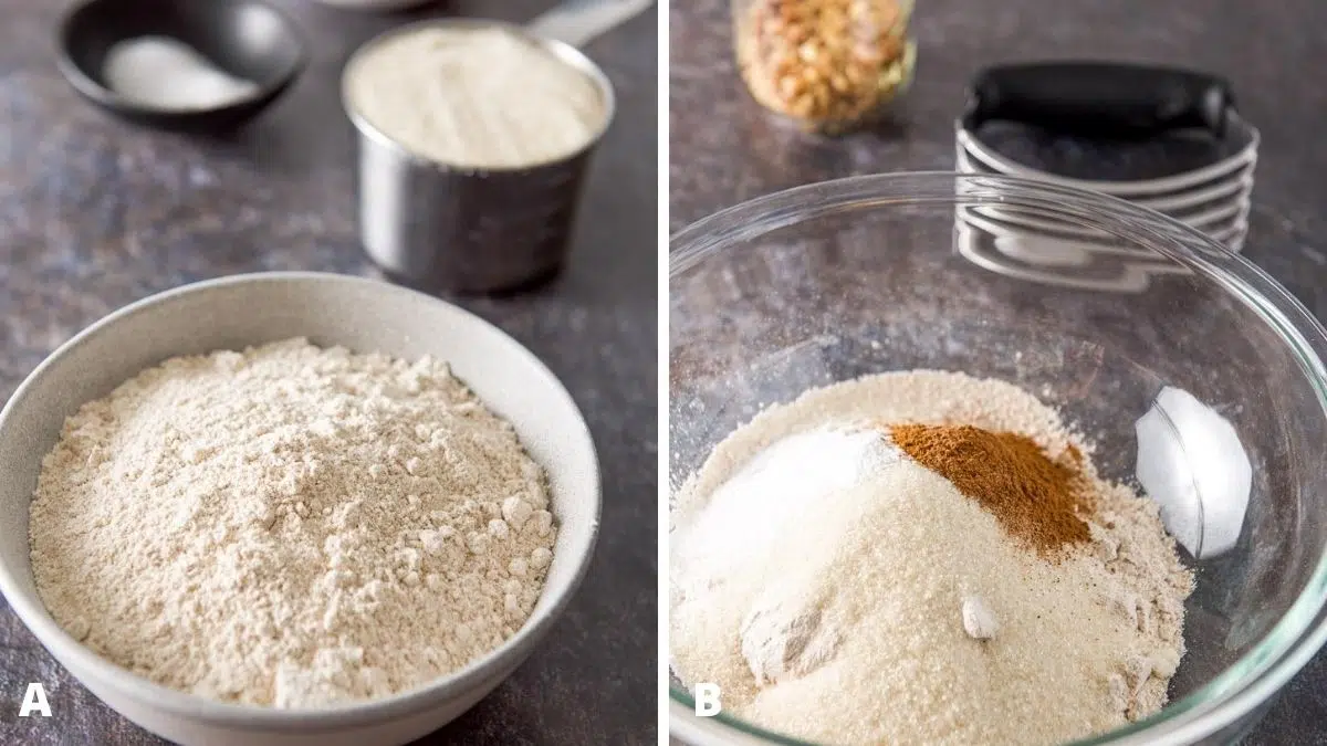 Flour, sugar and baking soda on the left and all the ingredients in a glass bowl with a pastry blender and nuts on the right