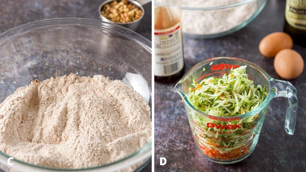 The dry ingredients mixed together in a glass bowl with a glass measuring glass with shredded zucchini and carrots, and eggs, vanilla and oil
