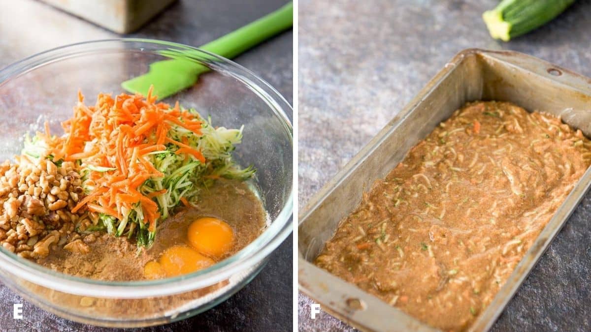 Carrots, eggs, oil, vanilla and nuts added to the dry ingredients on the left, and a bread pan filled with the bread batter