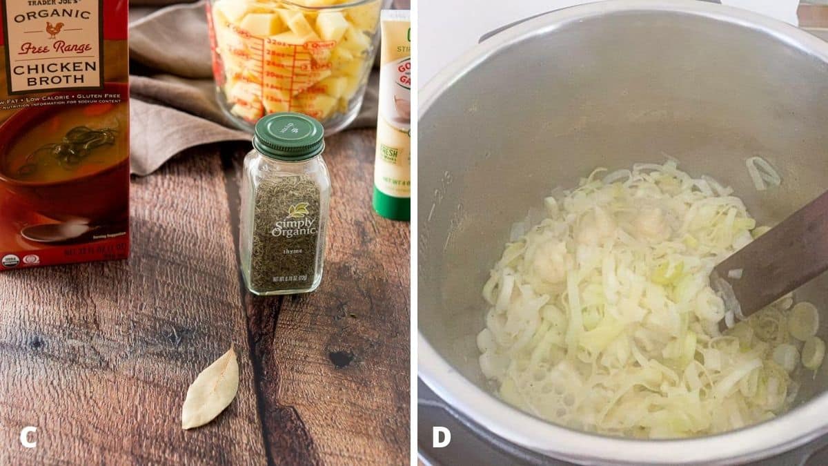 Bay leaf, chicken broth, dried thyme, garlic paste and potatoes on the left and the insert with the saut&eacute;ed leeks and garlic paste on the right
