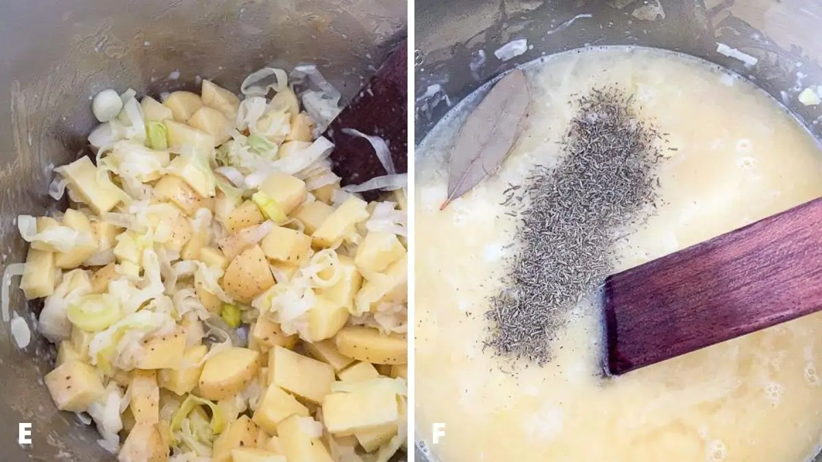 Potatoes added to the insert on the left, and broth, herbs and bay leaf in the insert on the right