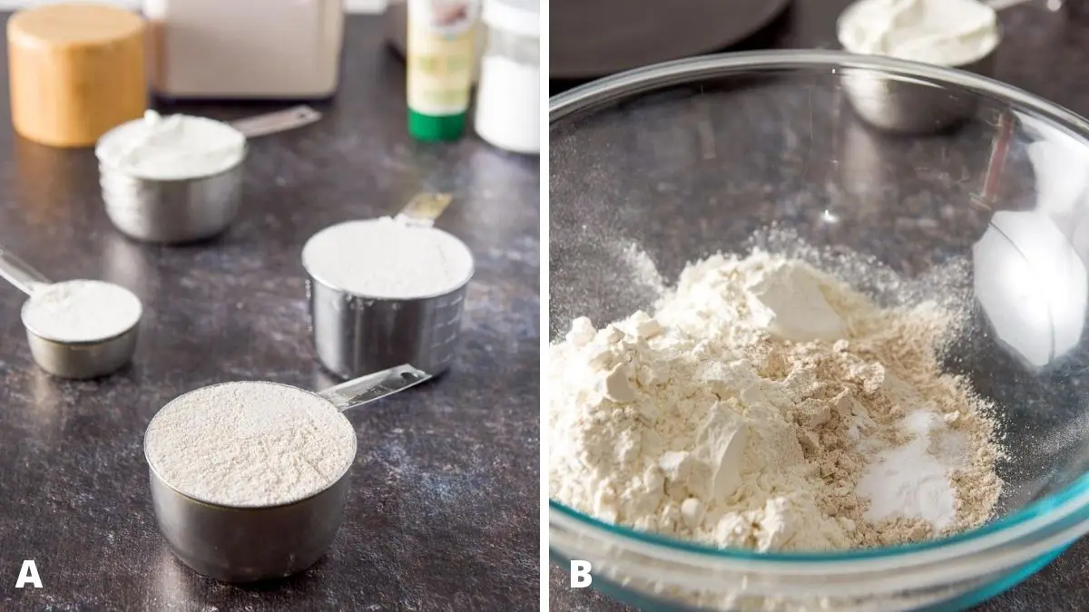Photo on the left - flours, yogurt, baking soda, salt and yogurt. On the left - the dry ingredients in a glass bowl with yogurt in the background