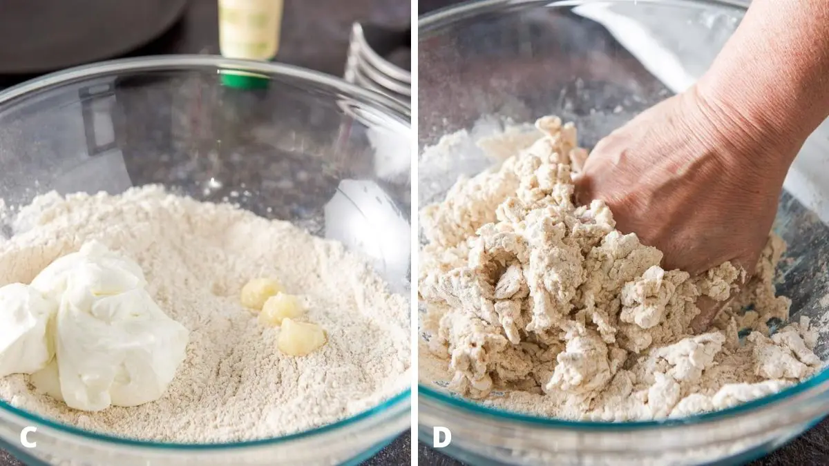 On left - yogurt and garlic paste added to the dry ingredients and on the right - a hand mixing the ingredients into dough