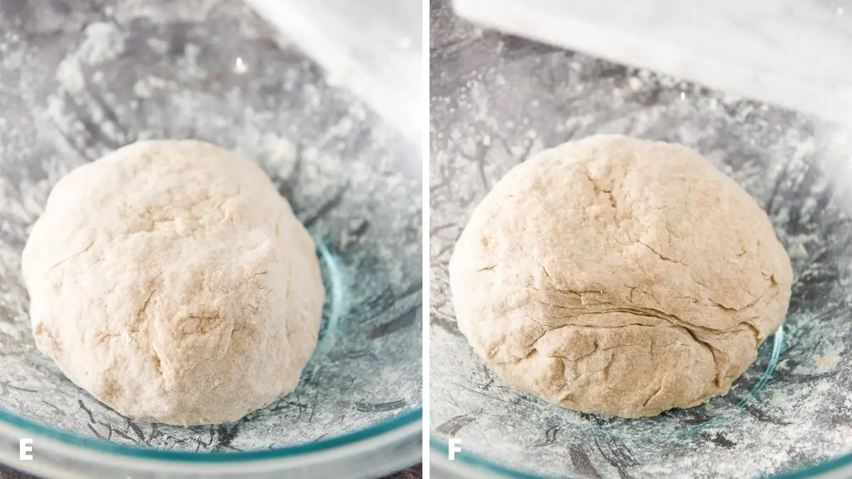 On the left - the naan dough mixed together and the right is the dough after it rests