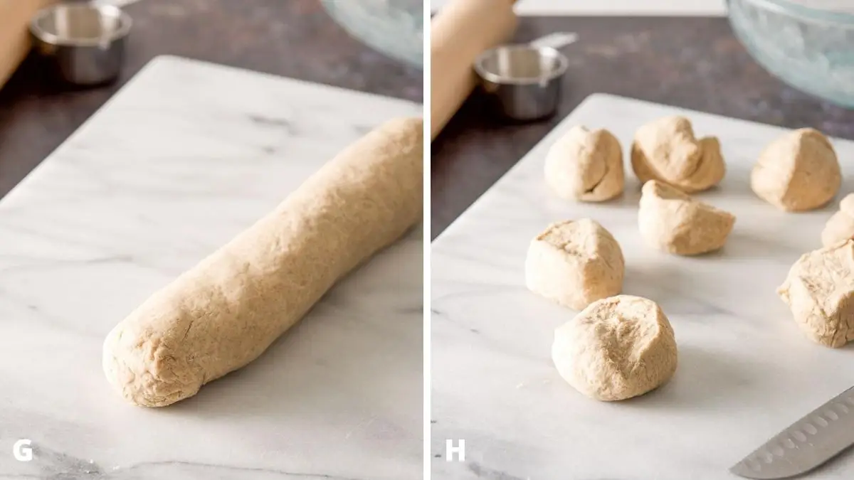 The dough rolled out into a log and then cut into smaller pieces