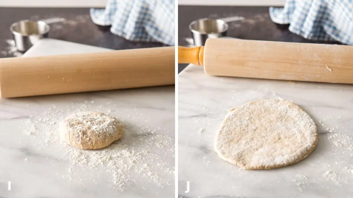 A ball of dough with flour on it on a marble board with a rolling pin behind it and then the ball rolled out in a circle
