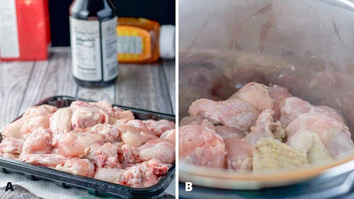 Ingredients for the pressure cooker wings including the marinade and the wings in the cooker