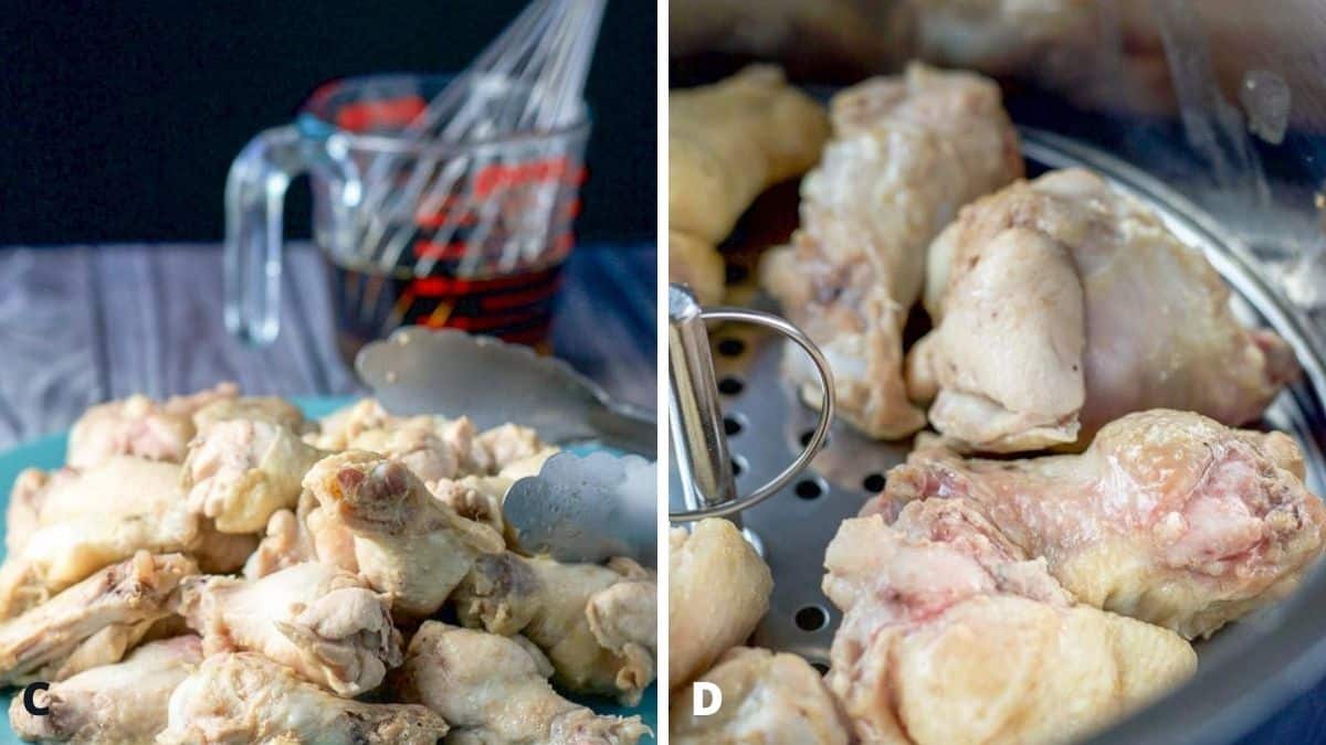 The wings on the insert steamer on the left and the chicken wings done on a platter with marinade in the background