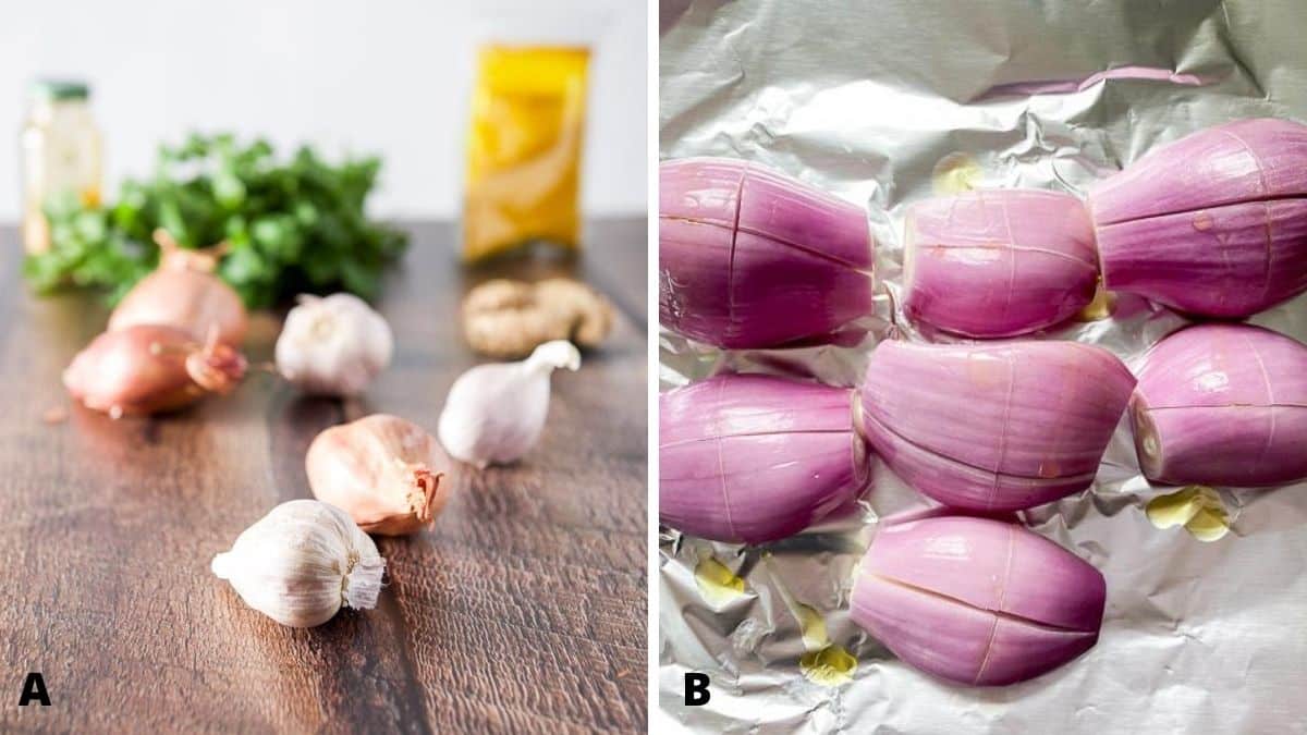 On the left - garlic, shallots, ginger, curry powder, turmeric and cilantro. On the right - shallots on foil with a cut in it with oil dribbled on them