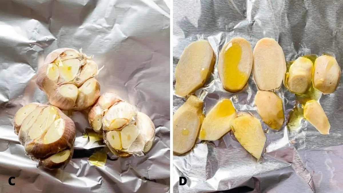 On the left - garlic bulbs on foil with the top cut off with oil dribbled on. On the right - sliced ginger on foil with oil dribbled on it