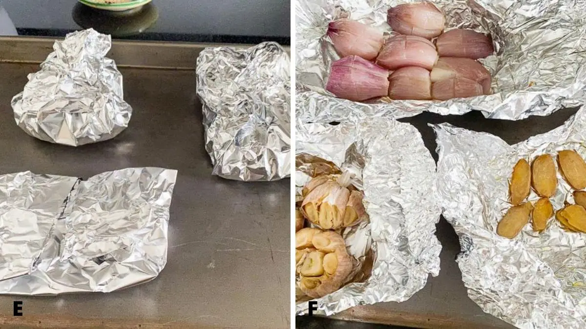 On the left - foil packets with the ginger, shallots and garlic in it. On the right - the packets open and the vegetables done