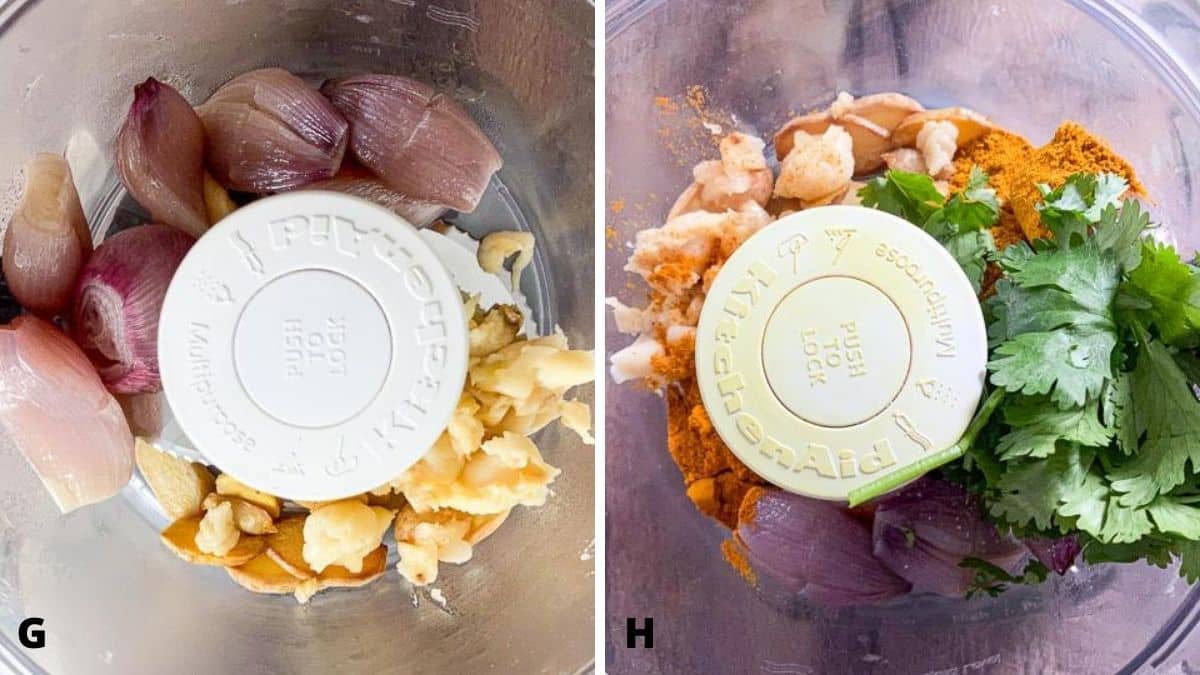 On the left - garlic, shallots and ginger in a food processor. On the right, added cilantro, curry powder and turmeric added