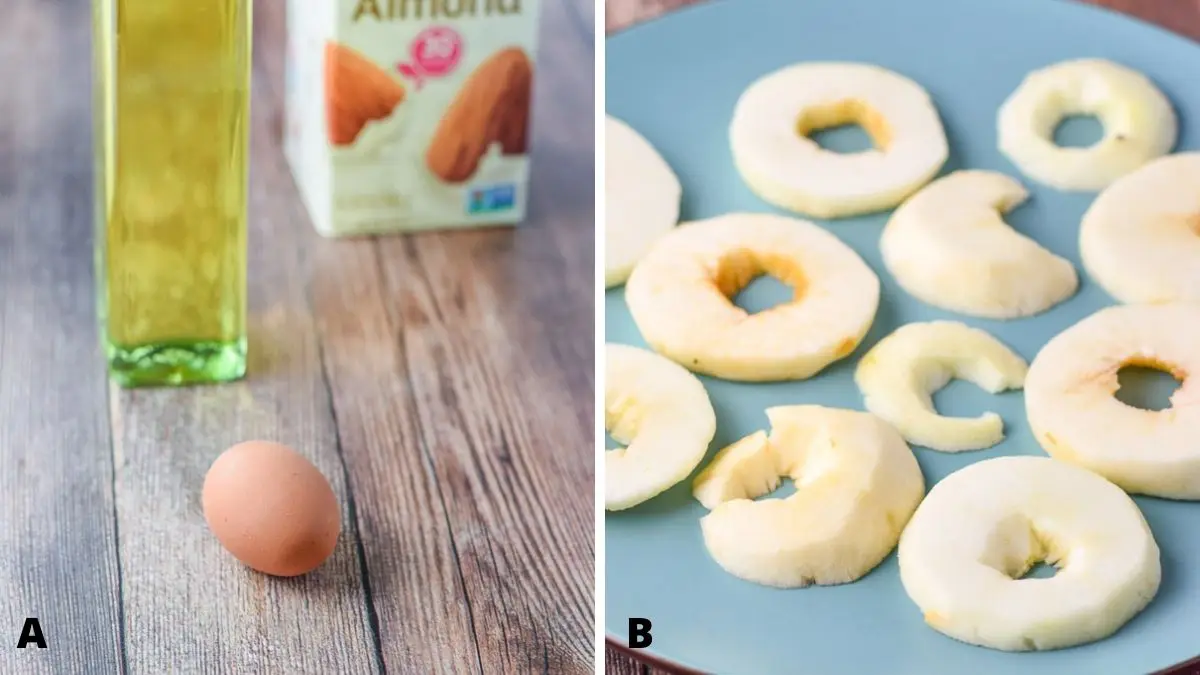 An egg, almond milk and olive oil on the left and a blue plate with sliced apple rings on the right