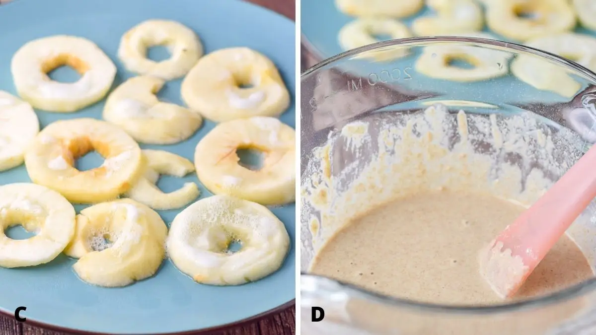 The apple rings cooked and lying on a blue plate on the left and the batter in a glass bowl on the right
