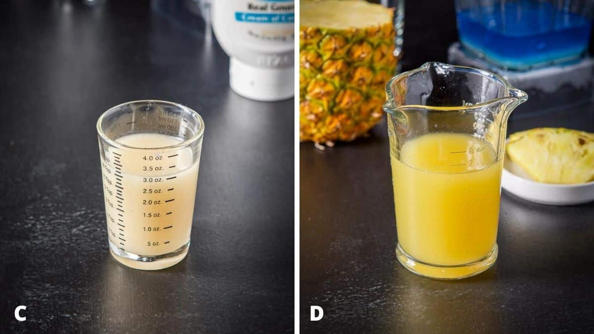 coconut cream and pineapple juice poured out. There is the bottle and pineapple in the background