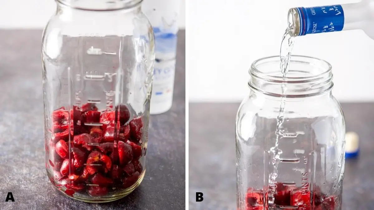 Cut up cherries in a large jar with vodka being poured in