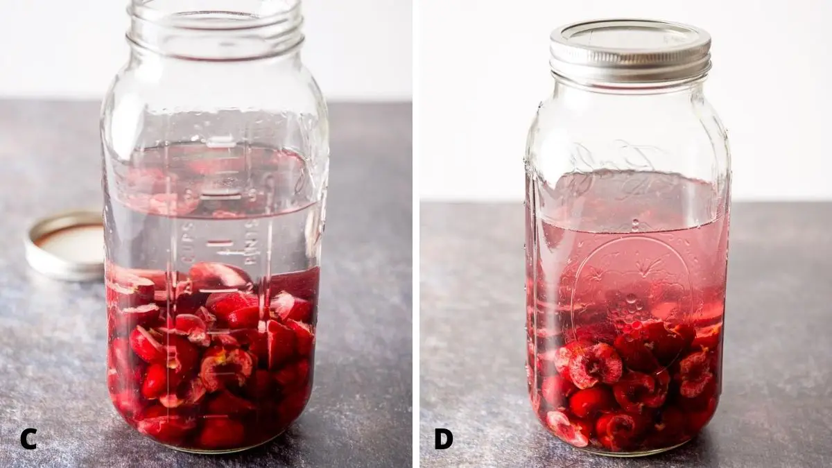 A jar with cherries covered with vodka and then capped and shaken