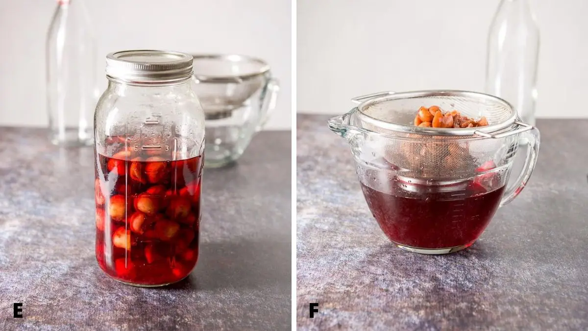 The jar of cherry vodka with the bleached cherries in a sieve