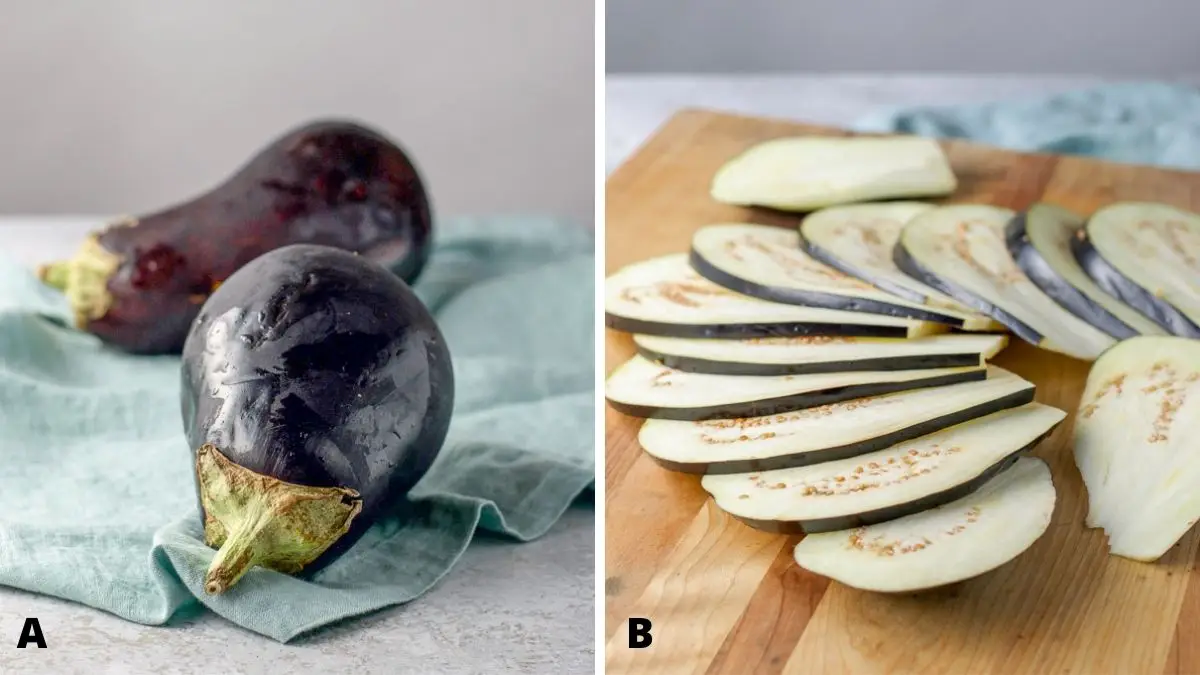 On left - eggplant. On the right sliced eggplant on a wooden board