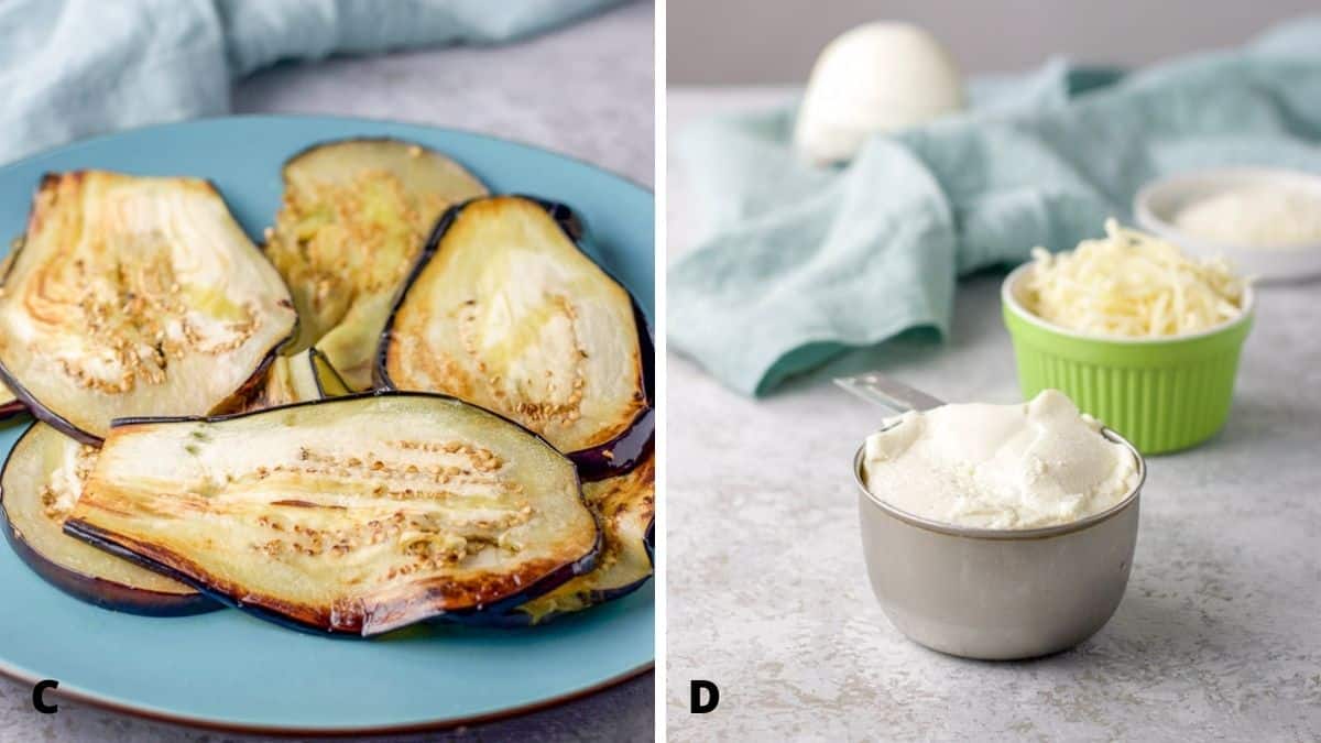 On left - saut&eacute;ed eggplant on a blue plate. On right - ricotta and cheeses on the table