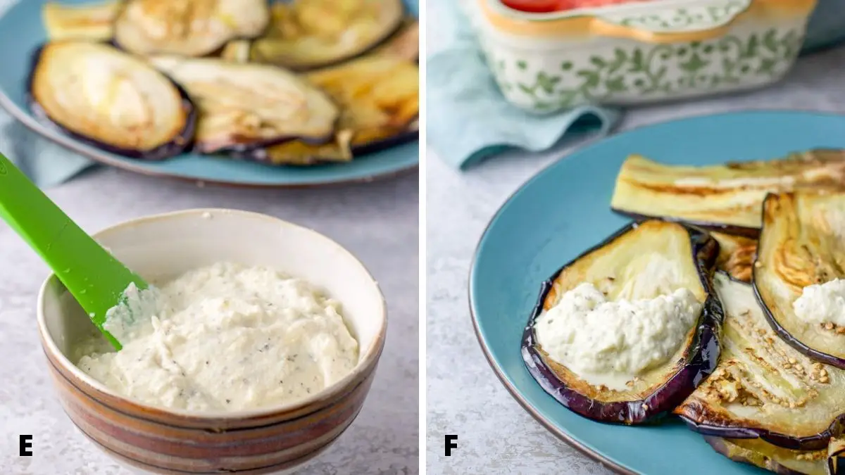 On left - Mixed ricotta with sautéed eggplant in the background and on the right - ricotta on the eggplant with baking dish in background
