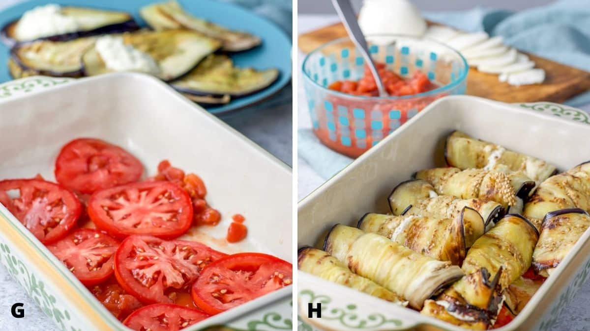 On left - tomatoes in a baking dish with eggplant in the background. On right - eggplant rolled up and put in the baking dish