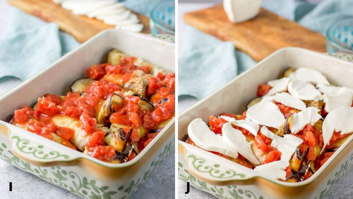 On the left - Tomatoes poured on the eggplant in the baking dish and on the right - cheese sliced on the eggplant in the baking dish