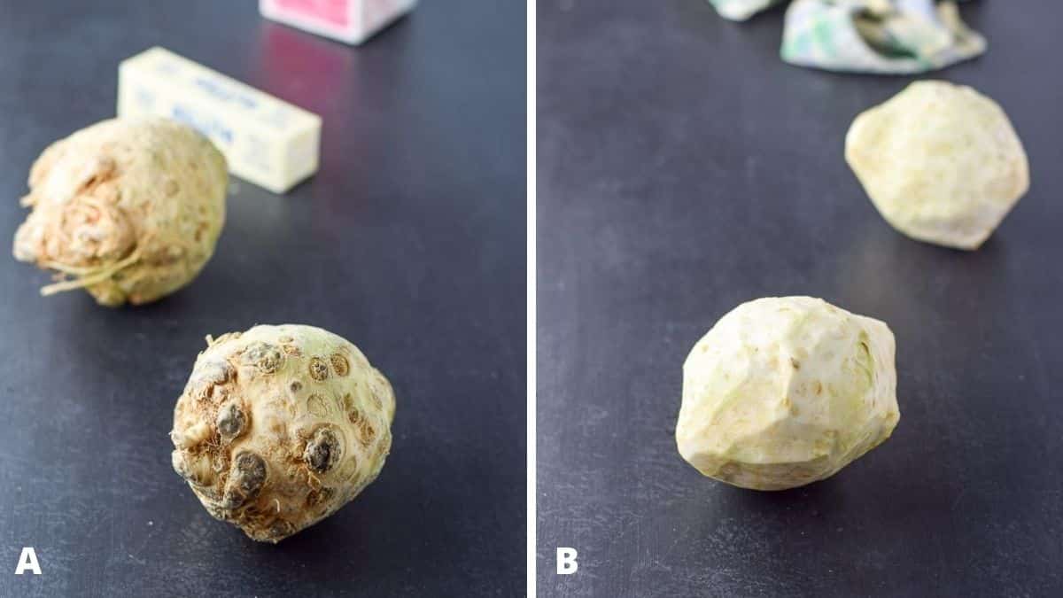 Celery root, butter and cream on the left and peeled root on the right