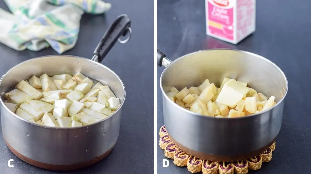 The root cut up into chunks in a pan with water on the left and the root done with butter in it on the right