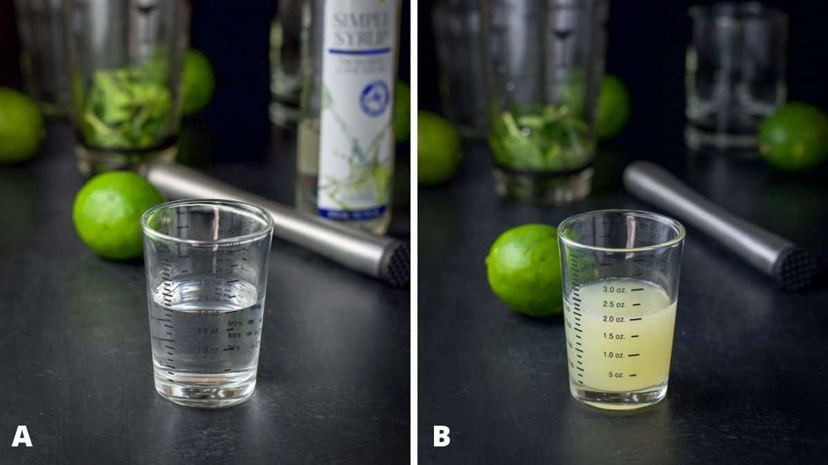 Simple syrup and lime juice poured out with the muddler, limes and cocktail shaker filled with lime